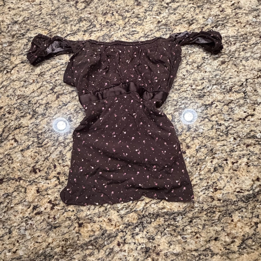 Hollister Brown Floral Polka Dot Off Shoulder Babydoll Top XXL Pink Ribbon v